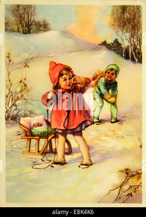 2 décembre 2009 - Carte postale imprimée en RDA montre Garçon et fille snowball, circa 1967 © Igor Golovniov/ZUMA/ZUMAPRESS.com/Alamy fil Live News Banque D'Images