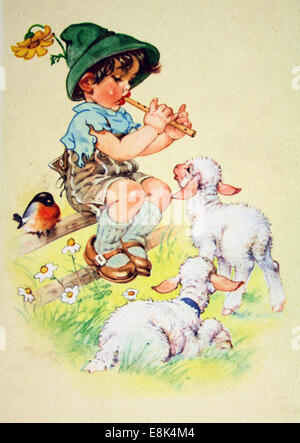 2 décembre 2009 - Carte postale imprimée en RDA montre Garçon jouant un tuyau deux agneaux, vers 1952 © Igor Golovniov/ZUMA/ZUMAPRESS.com/Alamy fil Live News Banque D'Images