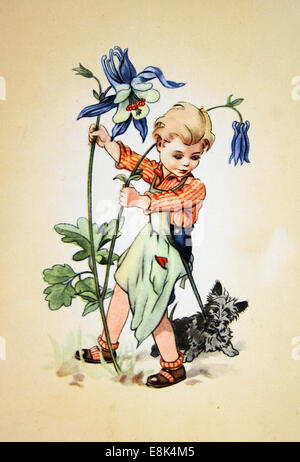 2 décembre 2009 - Carte postale imprimée en RDA montre Garçon avec un chiot jouer sous une fleur géante, vers 1952 © Igor Golovniov/ZUMA/ZUMAPRESS.com/Alamy fil Live News Banque D'Images