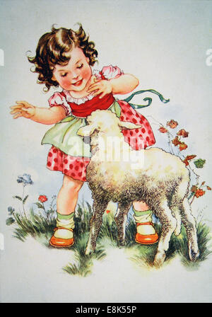 2 décembre 2009 - Carte postale imprimée en RDA montre fille jouant avec l'agneau, vers 1952 © Igor Golovniov/ZUMA/ZUMAPRESS.com/Alamy fil Live News Banque D'Images