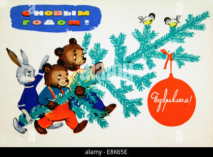 2 décembre 2009 - La reproduction de carte postale ancienne photo de l'artiste Belov, montre deux ours et un lapin à l'arbre de Noël, vers 1963, l'URSS..texte russe : Bonne Année ! (Crédit Image : © Igor Golovniov/ZUMA/ZUMAPRESS.com) fil Banque D'Images