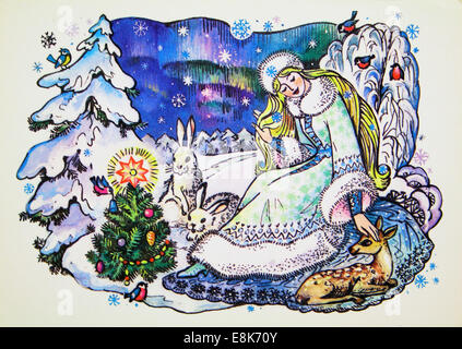 2 décembre 2009 - Reproduction de meubles anciens carte postale montre Snow Maiden avec sika deer, lièvres et bullfinches près d'arbres de Noël, vers 1986, l'URSS. (Crédit Image : © Igor Golovniov/ZUMA/ZUMAPRESS.com) fil Banque D'Images