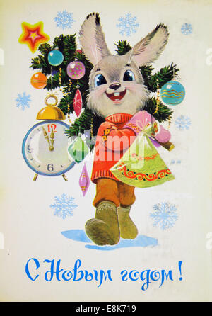 2 décembre 2009 - Reproduction de meubles anciens carte postale montre lapin avec de l'épinette, cadeaux de Noël et des horloges montrant le minuit, vers 1963, l'URSS. (Crédit Image : © Igor Golovniov/ZUMA/ZUMAPRESS.com) fil Banque D'Images