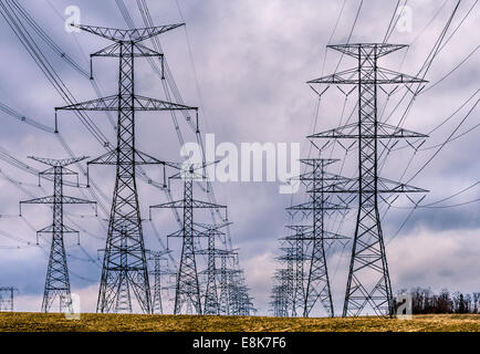 Pylônes dans un champ d'électricité. Banque D'Images