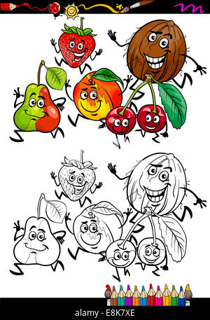 Livre de coloriage ou une page de bande dessinée de vulgarisation du noir et blanc Funny Running Set fruits pour les enfants Banque D'Images