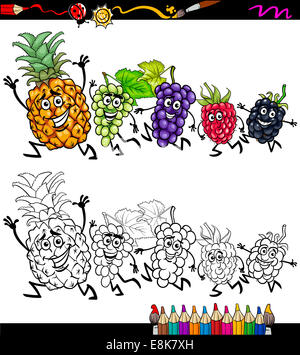 Livre de coloriage ou une page de bande dessinée de vulgarisation du noir et blanc pour les enfants Fruits d'exécution Drôle Banque D'Images