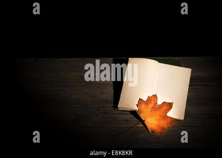 Ouvert vieux livre blanc jauni et une feuille d'érable dans une pièce sombre - concept d'automne Banque D'Images