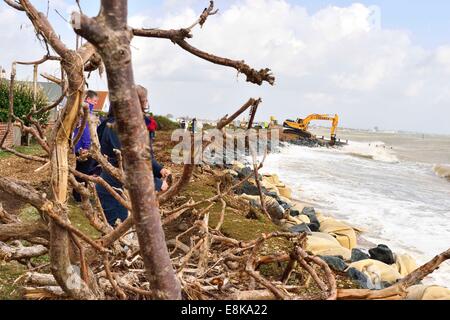 Les tempêtes d'éroder Pagham Beach front de mer mettant en danger les maisons.Pour la deuxième journée les tempêtes ont frappé la plage de galets de quitter la mer à quelques mètres de maisons résidentielles. Traitants de travailler furieusement contre le ressort des grandes marées et les vents sur la côte. La prochaine crise est la marée haute à minuit. Crédit : Gary Blake/Alamy Live News Banque D'Images