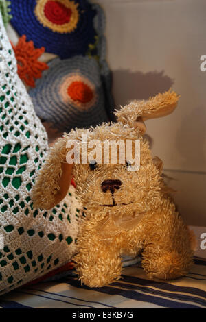 Un chien est assis sur un canapé. Banque D'Images