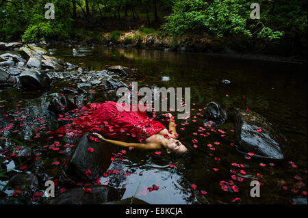 Ophelia moderne : une femme fille portant robe de bal robe rouge profond couché sur son dos entouré de pétales "mortes" flottant dans la rivière Banque D'Images