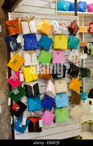 Une sélection de sacs à main en cuir colorés chers en vente, Prague, République tchèque. Banque D'Images