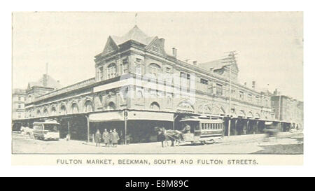 Une illustration de 1893 de King représentant le quartier du marché Fulton à New York, avec un accent particulier sur l'intersection des rues Beekman, South et Fulton. Banque D'Images