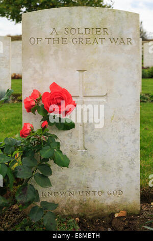 Rose rouge et pierre tombale sur une tombe du soldat inconnu à Cabaret Rouge du Commonwealth cimetière britannique de première guerre mondiale. France Banque D'Images