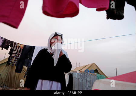 Une femme Yazidi âgée se déchire en racontant son histoire dans un camp de réfugiés Yazidi dans la ville de Zakho, dans le nord de l'Irak. Les personnes déplacées de la secte minoritaire yazidi ont été chassés de leurs foyers à Sinjar par des militants de l'État islamique Banque D'Images