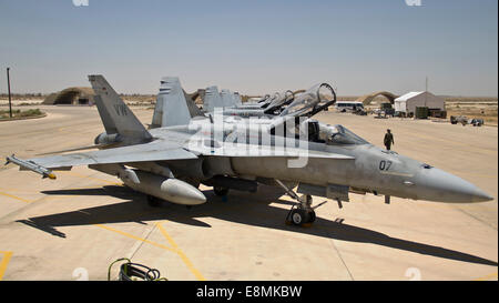 Une rangée de Corps des Marines américains F-18 Hornet attendre après les vols au cours de l'effort d'entretien désireux Lion à une base aérienne dans le nord de Jord Banque D'Images