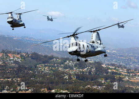 31 mars 2014 - US Marines fly CH-46E Sea Knight helicopters sur San Diego, Californie. Banque D'Images