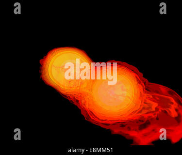 Une paire d'étoiles à neutrons en collision, la fusion et la formation d'un trou noir. Une étoile à neutrons est le cœur comprimé à la traîne lorsqu'un s Banque D'Images