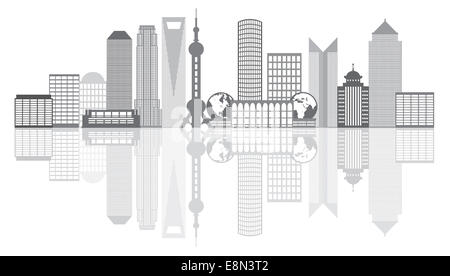 Shanghai China City Skyline Silhouette Contour gris avec reflet isolé sur fond blanc Illustration Banque D'Images