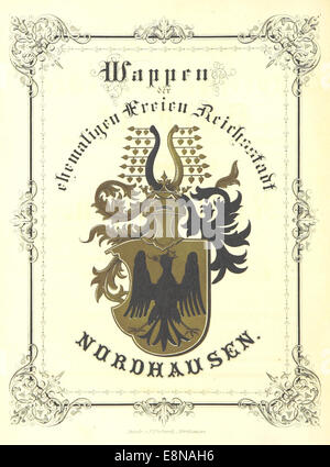 Cette illustration vintage montre les armoiries de l'ancienne ville impériale libre de Nordhausen, en Allemagne, symbolisant son indépendance historique et son statut au sein du Saint Empire romain germanique. Banque D'Images