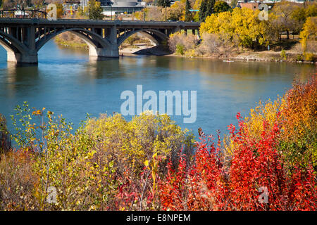 Le pont Broadway et à l'automne (automne) Couleur des arbres sur les rives de la rivière Saskatchewan Sud, à Saskatoon, Canada. Banque D'Images