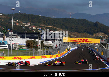 Sochi , la Russie. 12 octobre, 2014. Sport Automobile : Championnat du Monde de Formule 1 de la FIA 2014, Grand Prix de la Russie, # 26 Daniil Kvyat (RUS, Scuderia Toro Rosso), # 1 Sebastian Vettel (GER, Infiniti Red Bull Racing), # 3 Daniel Ricciardo (AUS, Infiniti Red Bull Racing), Crédit photo : dpa alliance/Alamy Live News Banque D'Images