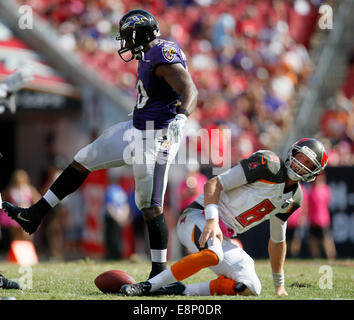 Tampa, FL, USA. 12 octobre, 2014. Tampa Bay Buccaneers quarterback Mike Glennon (8) reste en bas comme à l'extérieur de Ravens de Baltimore linebacker Albert McClellan (50) célèbre limogeage Glennon au Baltimore 20 cour ligne pour une perte de 8 yards sur quatrième vers le bas dans les quatre dernières minutes du quatrième trimestre chez Raymond James Stadium de Tampa le dimanche. Credit : ZUMA Press, Inc/Alamy Live News Banque D'Images