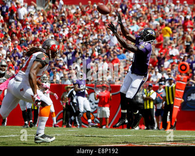 Tampa, FL, USA. 12 octobre, 2014. Baltimore Ravens wide receiver Kamar Aiken (11) captures d'une passe de touché de 17 verges du quart Joe Flacco (5) tout en étant couverts par des Tampa Bay Buccaneers strong safety Mark Barron (23) (à gauche) sur un troisième et huit décisions le score 20 à 0 au cours du premier trimestre chez Raymond James Stadium de Tampa le dimanche. Credit : ZUMA Press, Inc/Alamy Live News Banque D'Images