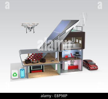 Maison intelligente avec des appareils efficaces, panneaux solaires et éoliennes Banque D'Images