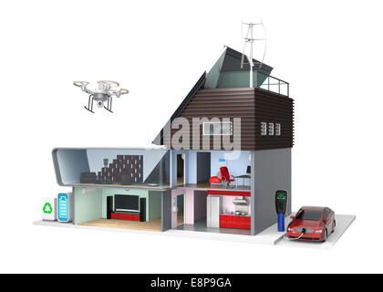 Maison intelligente avec des appareils efficaces, panneaux solaires et éoliennes Banque D'Images