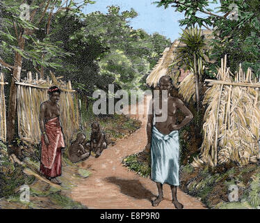 L'impérialisme français. L'Afrique. Dahomey. Une rue de Porto-Novo. Résidence officielle du gouverneur français. La gravure. De couleur. Banque D'Images