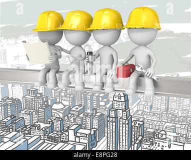 Les travailleurs de la construction Dude assis sur une traverse. Cityscape background. Banque D'Images