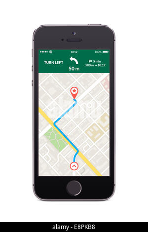 Vue de face directement smartphone noir avec application de navigation gps carte sur l'écran isolé sur fond blanc. Haute qualité. Banque D'Images
