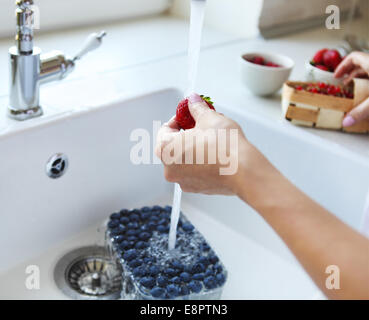 Lavage de bleuet, de fraise et de groseille rouge à la maison. Les mains dans l'accent Banque D'Images