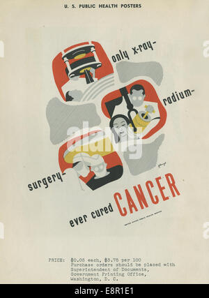 Une affiche faisant la promotion du traitement du cancer par les rayons X, le radium et la chirurgie. L'affiche présente des illustrations abstraites de patients subissant ces procédures médicales, soulignant leur importance historique dans le traitement du cancer. Banque D'Images