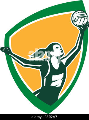 Illustration d'un joueur de balle rebondissant netball attraper ensemble vu du côté situé à l'intérieur de la crête de l'écran sur fond isolé fait en style rétro. Banque D'Images