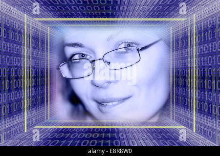 Image illustration technologique avec une jolie jeune femme dans un cadre numérique code binaire Banque D'Images