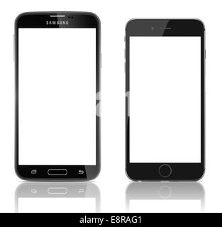 Comparaison de Samsung Galaxy S5 et Apple iPhone 6 côte à côte. Banque D'Images