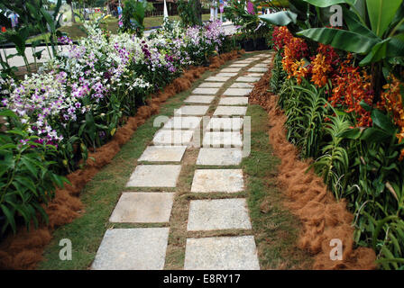 Jardin paysager avec des blocs de béton sentier Banque D'Images