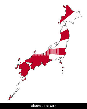 Carte du Japon plus isolé le rouge et le blanc du drapeau japonais soleil levant Banque D'Images