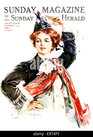 1910s RED HAIRED WOMAN WEARING SCOTTISH HIGHLAND DRESS PART SUR LA TÊTE DE LA DANSE FLING SUNDAY MAGAZINE DÉCEMBRE 1912 Banque D'Images