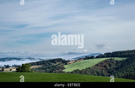 Une vue lointaine de Clee Hill, Shropshire, Royaume-Uni depuis Stonewall Hill dans le Herefordshire. Une brume matinale remplit les vallées Banque D'Images