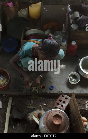 Dhaka, Bangladesh. 14Th Oct, 2014. Une fille de la rue Brishti la cuisson des aliments à l'air libre dans un parc.Bangladesh a redoublé d'un point en 2014 Indice de la faim dans le monde (IGS), montrant une amélioration significative dans les niveaux de la faim avec neuf autres pays.Le pays a classé 57, selon l'IGS publié lundi par l'International Food Policy Research Institute (IFPRI), Welthungerhilfe, et d'inquiétude dans le monde entier.En 2013, l'IGS Bangladesh classé 58. Zakir Hossain Chowdhury Crédit : Fil/ZUMA/Alamy Live News Banque D'Images