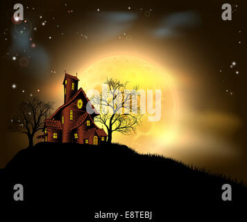 Une maison hantée Halloween illustration avec un spooky house au sommet d'une colline avec une grande pleine lune dans l'arrière-plan Banque D'Images