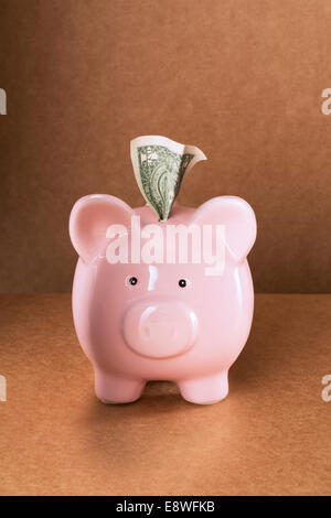 Dollar sticking out of piggy bank on counter Banque D'Images