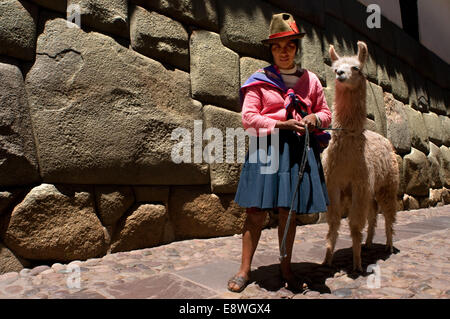 Une femme et son lama à côté de la pierre de 12 angles. Cette pierre est bien connu, la particularité qui a fait sa célèbre est le prese Banque D'Images