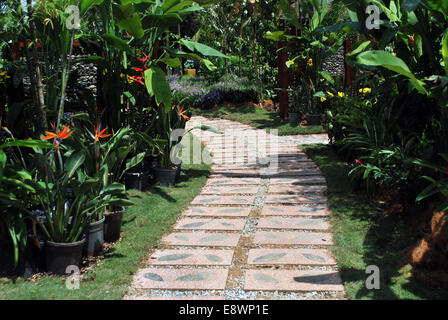 Jardin paysager avec des cailloux et des blocs de béton de ronde Banque D'Images