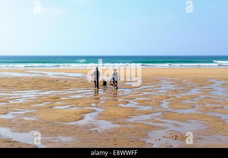 Un couple en train de marcher un chien sur la plage Cornwall England uk Penhale Banque D'Images