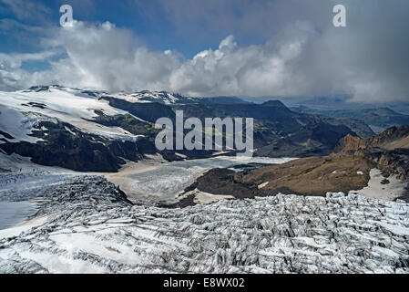 Vue aérienne de Krossarjokull glacier, l'un des glaciers de sortie du Myrdalsjokull Ice Cap, l'Islande Banque D'Images