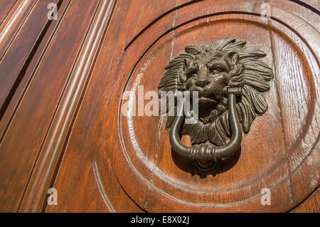 Porte avant en bois avec un lion knocker Banque D'Images