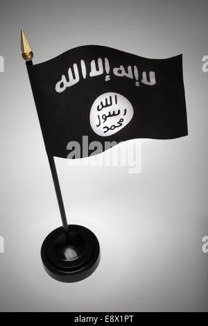 Petit pavillon de l'ISIL, ISIS dans un stand avec fond gris. Angle élevé et faible profondeur de champ. Banque D'Images